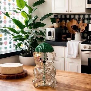 Glass Bear Shaped Cup with Green Lid and Straw - NEW